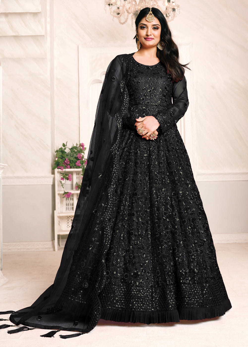 Raha Black Chanderi Anarkali Gown Suit Set – ASHEERA